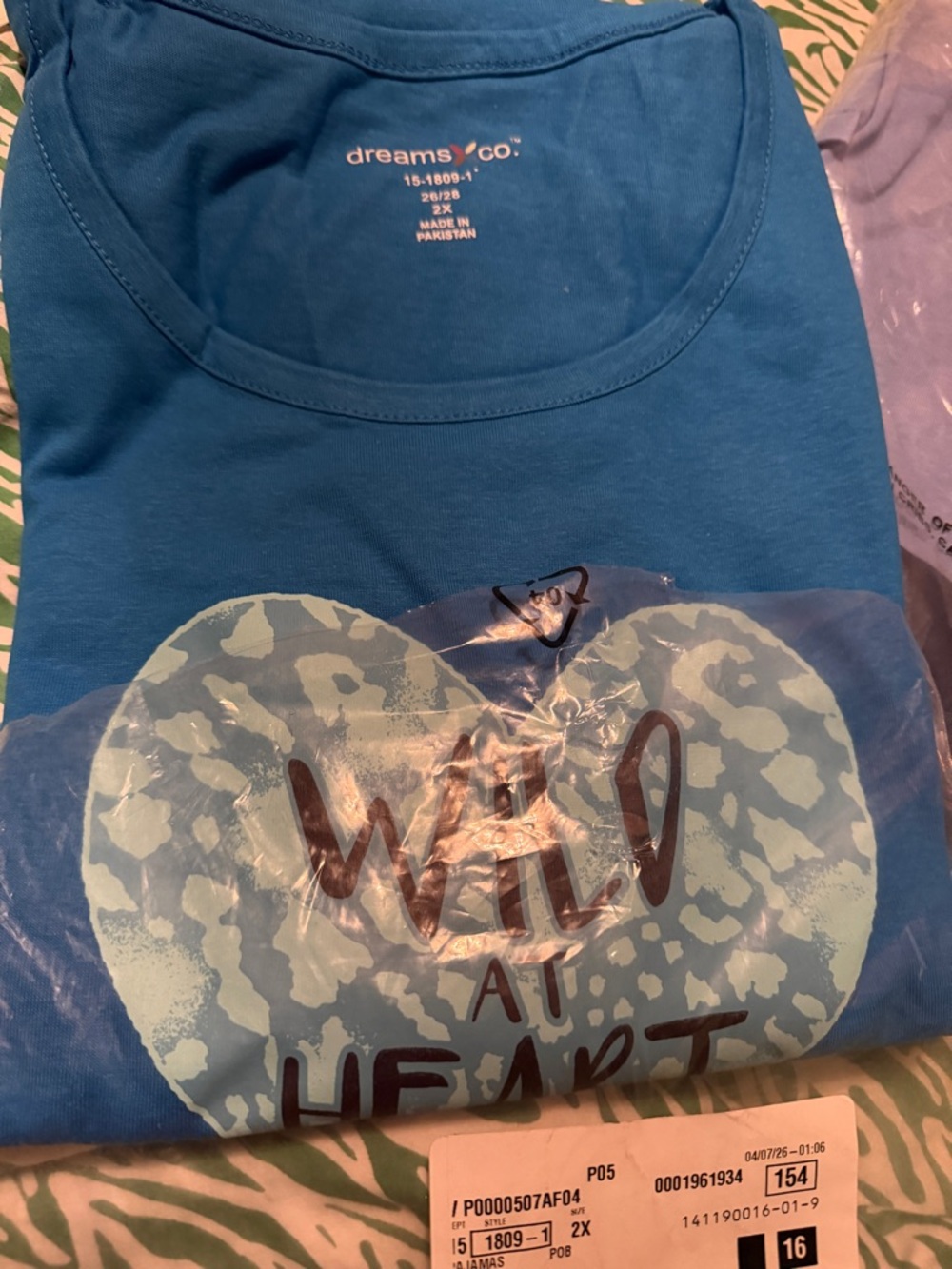 Dreams & Co. Girls' Blue 'Wild at Heart' Graphic Tee nwt cotton 2x pj top only